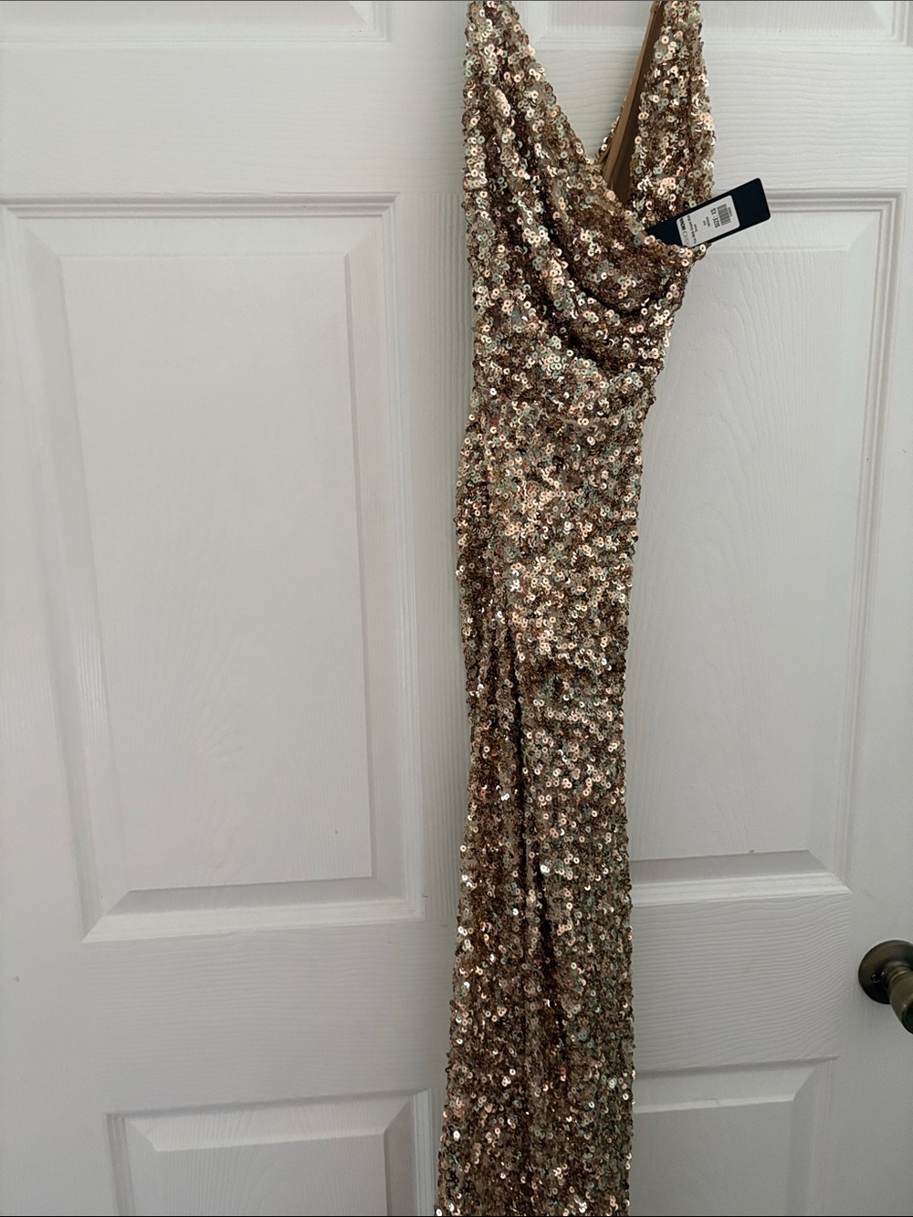 Fashion Nova Rose Gold Sequin Cowl Neck Gown